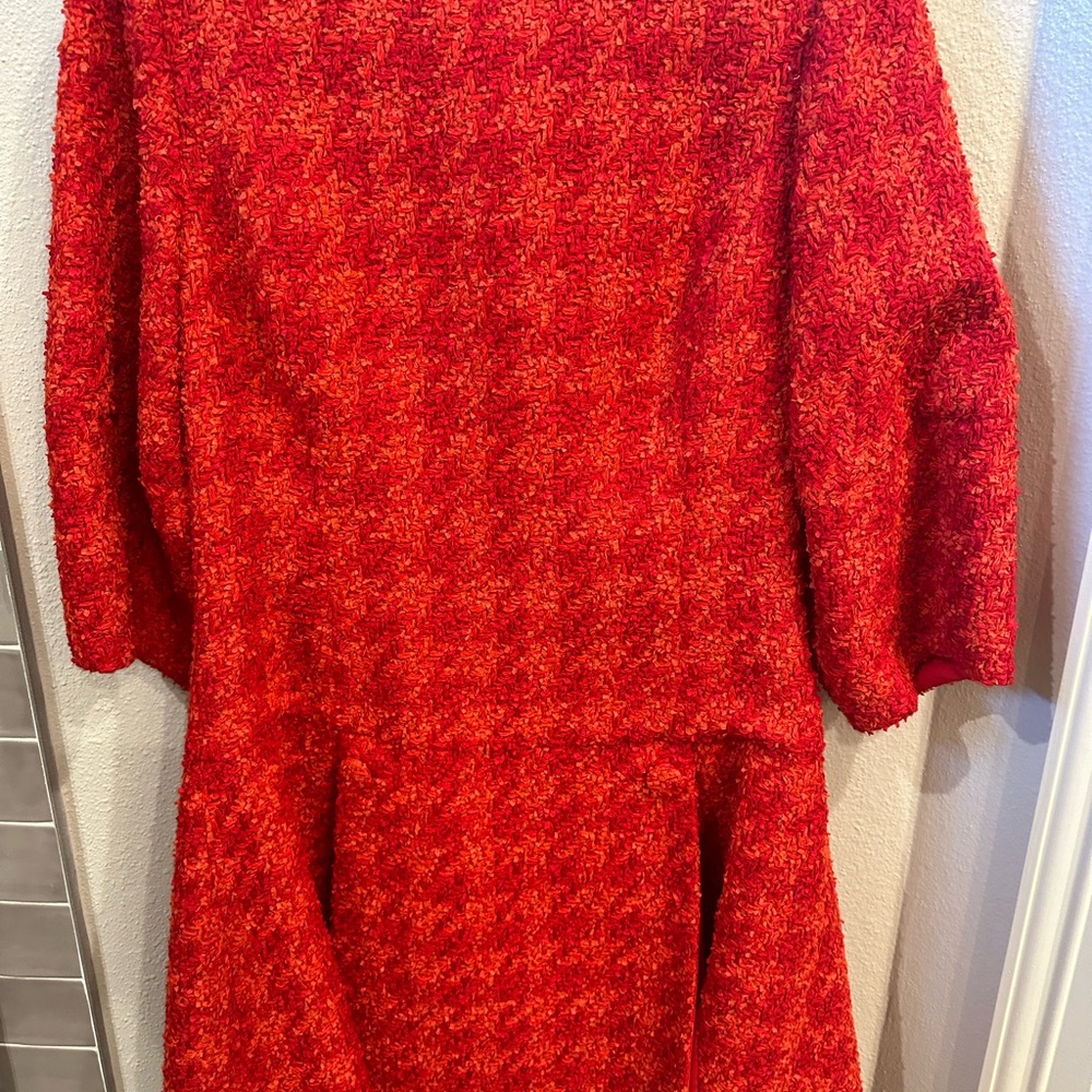 Red, Tweed Oscar de la Renta party dress.